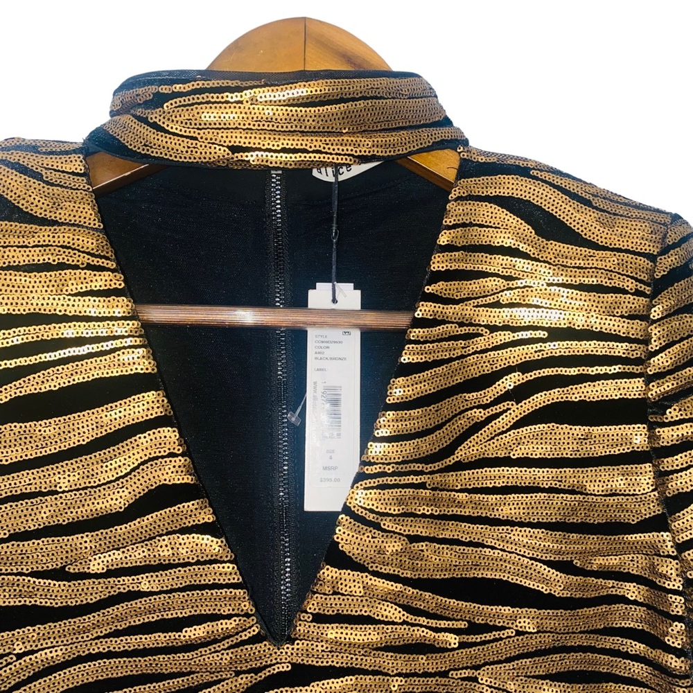 Alice & Olivia Gold Bronze Sequin Stripe Velvet Inka Evening Mini Dress - Picture 5 of 16